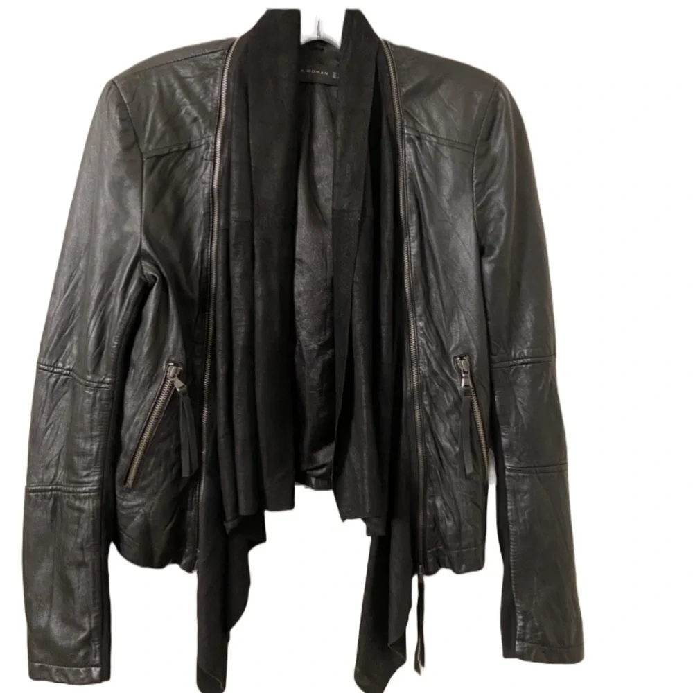 Zara Woman Black Sheep Leather Motorcycle Jacket with Removable Neck Shawl - Picture 1 of 7